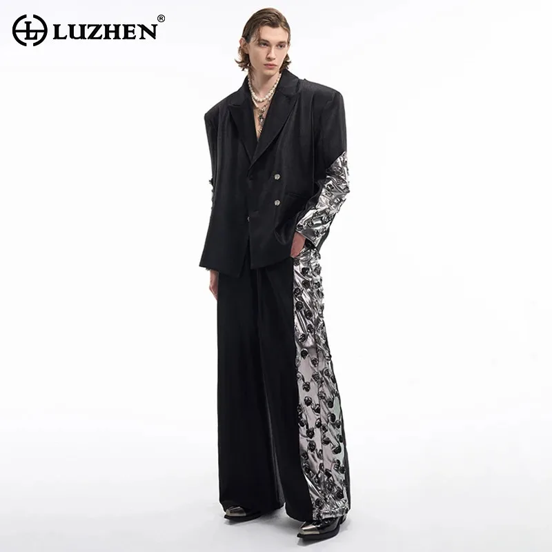 LUZHEN Double Breasted Blazer High End Luxury Clothes Splicing Three Dimensional Rose Casual Pants Personalized Men 2024 LZ8213