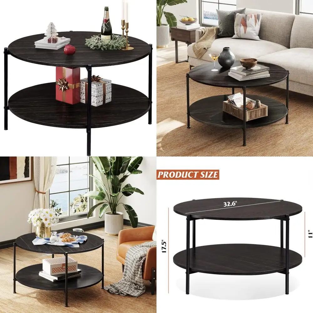 طاولة قهوة مستديرة بطبقتين على الطراز الصناعي مع رف تخزين مفتوح لغرفة المعيشة، تصميم صديق للمساحة الصغيرة مقاس 32.6 بوصة #1