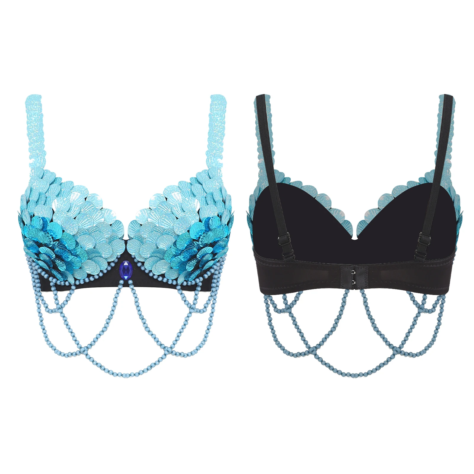 เสื้อชั้นในบัลโคเน็ตแบบมีโครงดันทรง ประดับเลื่อมลายเกล็ดปลา สำหรับเต้นระบำหน้าท้อง คอสเพลย์นางเงือก