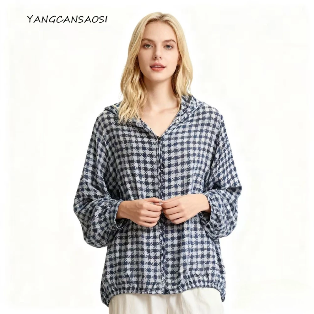 

Women's Fashion Clothing 100%Natural Mulberry Silk Georgette Checkered Print Loose Long Sleeved Hooded Versatile Sun Protection