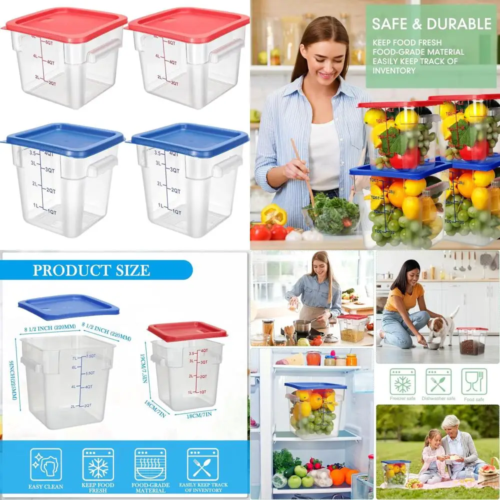 

Набор из 4 прозрачных контейнеров для хранения пищевых продуктов, 8 штук и 4 кварты, с крышками, ручками и весами, поликарбонат коммерческого класса, герметичный для