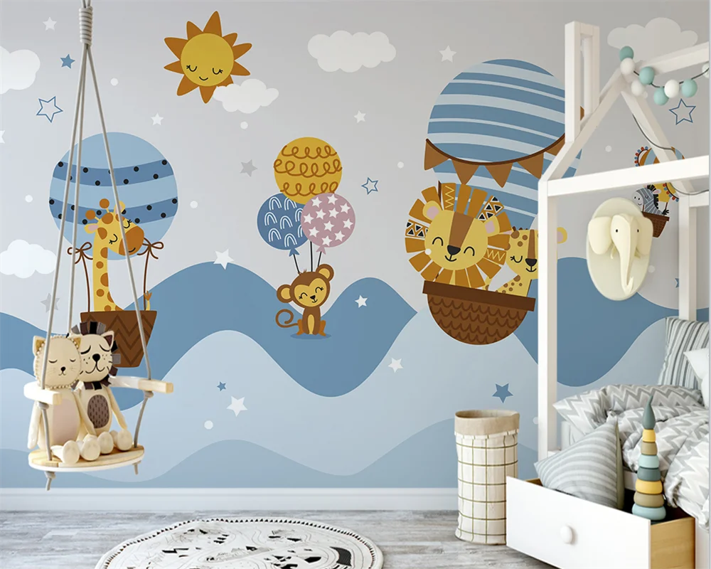 

beibehang Custom Modern papel de parede Nordic Hand Painted Hot Air Balloon Small Animal Children's Bedroom Background Wallpaper