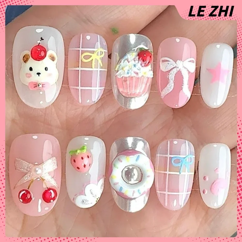 

10Pcs Cartoon Kawaii Rilakkuma Handmande Press On Fake Nails 3D Kawaii animal cute Bow Love Strawberry Nail Party Sticker