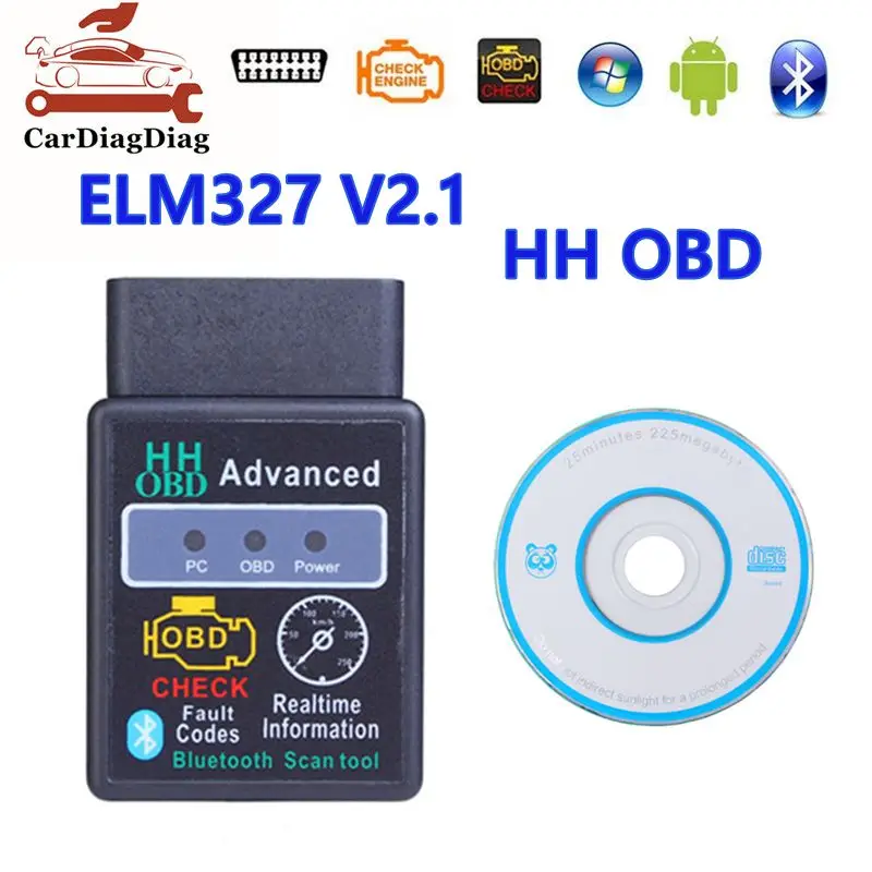 

OBD2 HH OBD ELM327 V2.1 Bluetooth-совместимый OBDII CAN BUS Проверка кода неисправности Стирание проблем Автомобильный диагностический сканер Инструмент