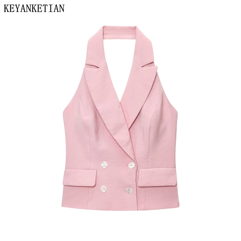 

KEYANKETIAN Summer New Women's Clothing Double Breasted Hanging Neck Sleeveless Suit Vest Vest Exposed Back Vest