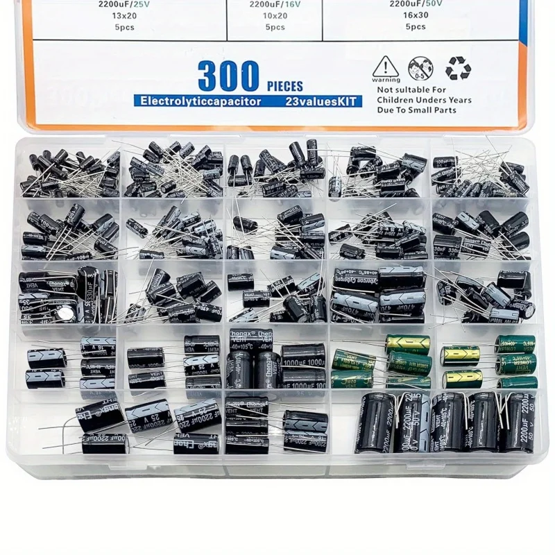300Pcs 23 Values Radial Aluminum Electrolytic Capacitor Assortment Kit, 10uF-2200uF 10V/16V/25V/35V/50V with Plastic Storage Box