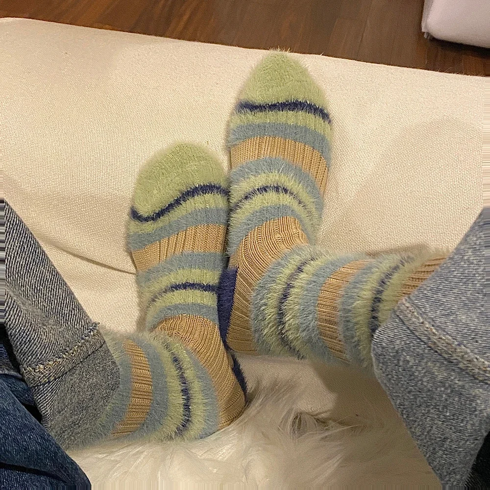 Autumn Women Knitted Retro Sweet Korean Striped Spring Winter Fluffy Warm Socks Home Mid-tube Cotton Thick Thread Needles Furry