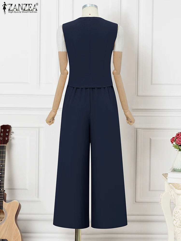 أطقم نسائية غير رسمية من ZANZEA قطع علوية بدون أكمام بنطال ذو قصة أرجل واسعة بدلة مكتب أنيقة متينة 2025 أطقم متناسقة بجيوب صيفية