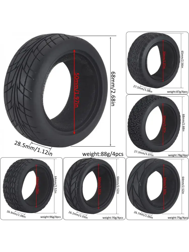 Pneus de voiture sur route 1:10 63-68mm, pneu en caoutchouc à haute adhérence, pneu thermofusible Hsp 94123 Hpi Himoto Fw06 Tt01, voiture de course résistante à l'abrasion