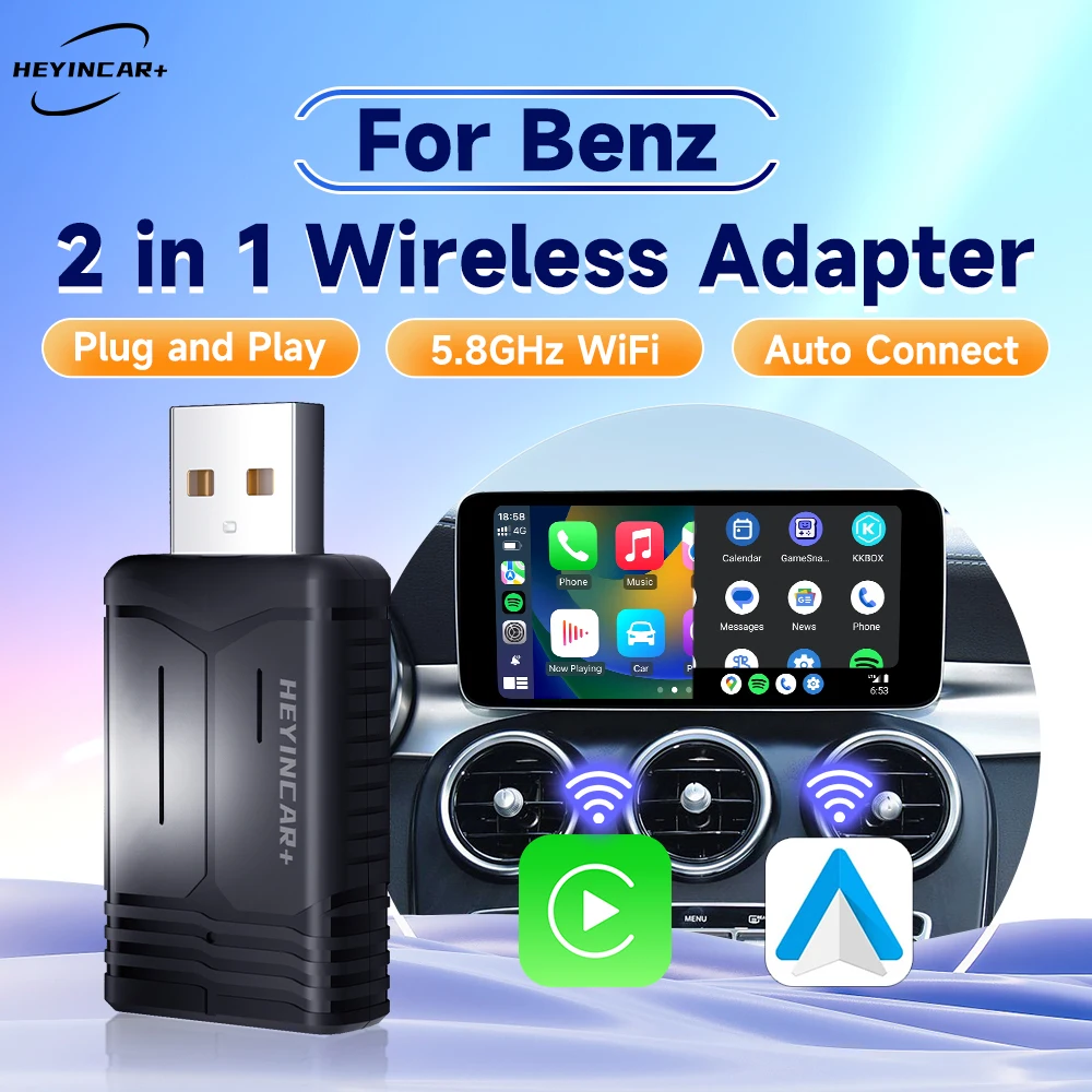 2024 HEYINCAR 2 in1 adattatore Wireless Carplay Android Auto Wireless per Benz A C E S GLA GLB GLC 300 GLE GLS EQB EQC