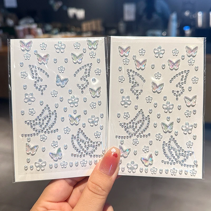3-ألوان 5D لامعة الفراشة/الزهور/جولة الماس لصاقات وشم الوردي/واضح/أورورا بلينغ كريستال ملصق ملصقات ماكياج ذاتية الصنع