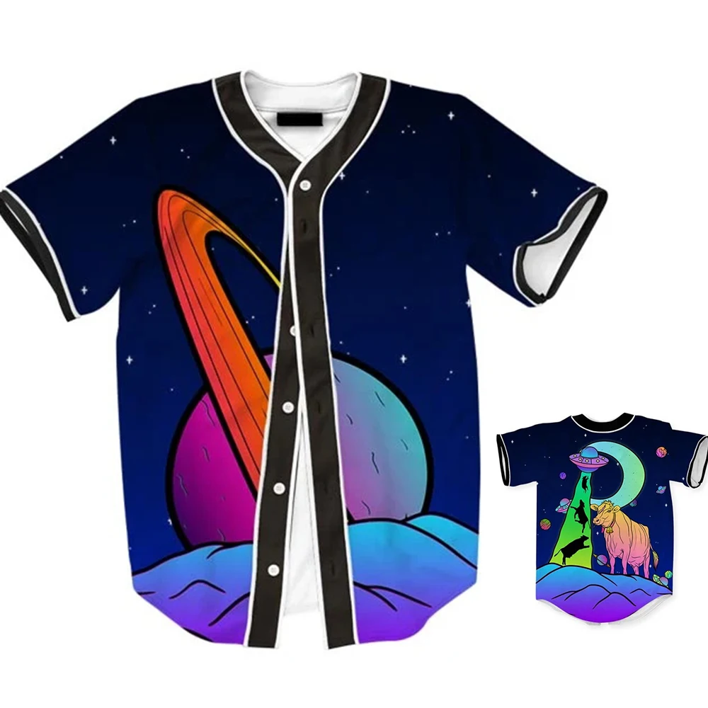 Camiseta de béisbol de calavera Harajuku, camisa de béisbol de calle alta, gradiente de cielo estrellado, Top de manga corta con estampado 3d Hd, MB27