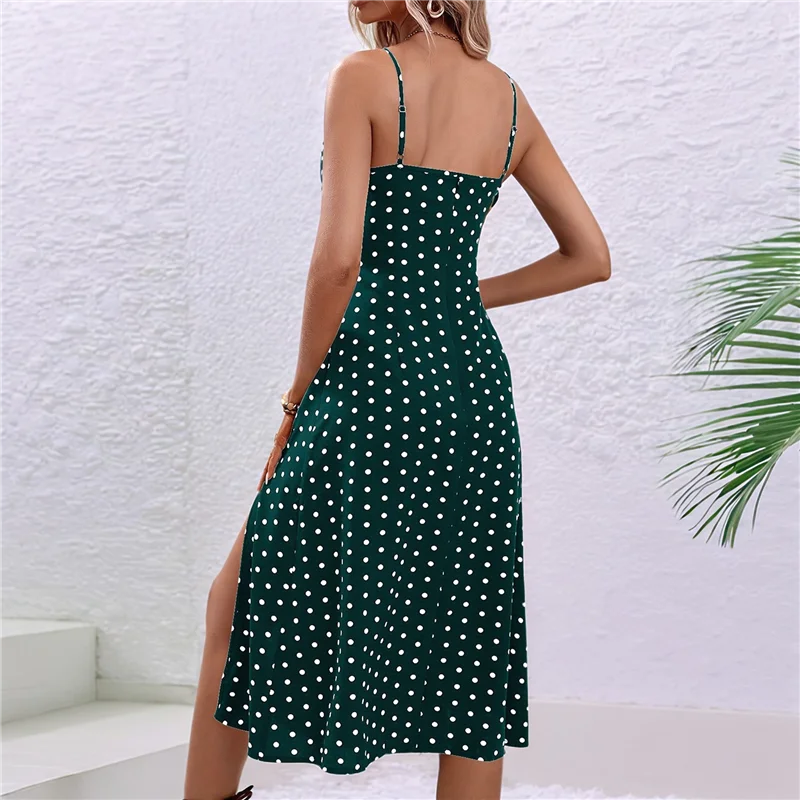 Vestidos veraniegos de lunares para mujer, vestidos de verano con tirantes finos, vestido midi ajustado con abertura lateral, vestido de playa de línea A
