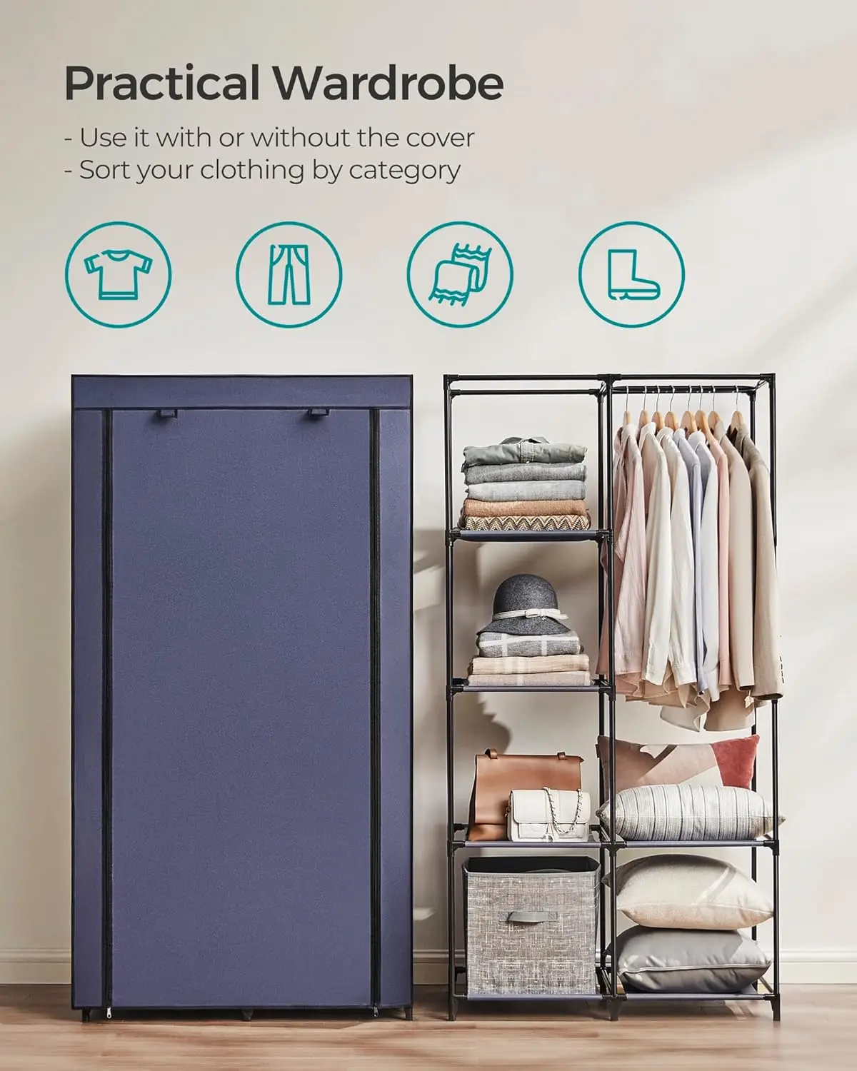 Portable Closet, 34.6 Inch Large Capacity Wardrobe Closet Organizer with Fabric Cover, Hanging Rods and Shelves, 34.6 x 17.7 x 6
