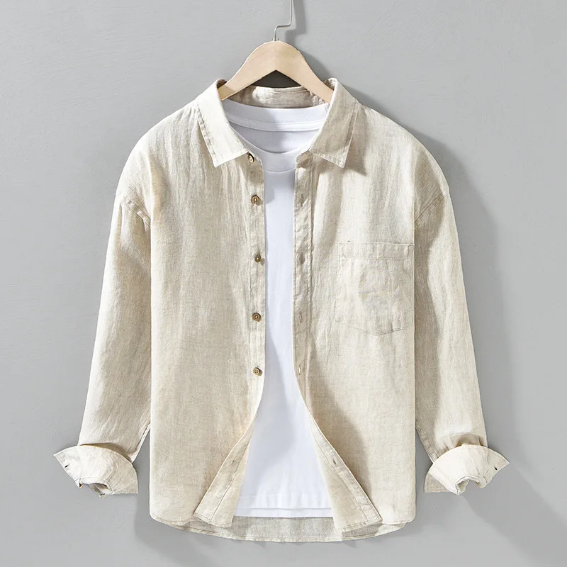 

Высококачественная мужская рубашка из 100% льна с длинным рукавом, весна-лето 2026, повседневная, с квадратным воротником, дышащая, для работы