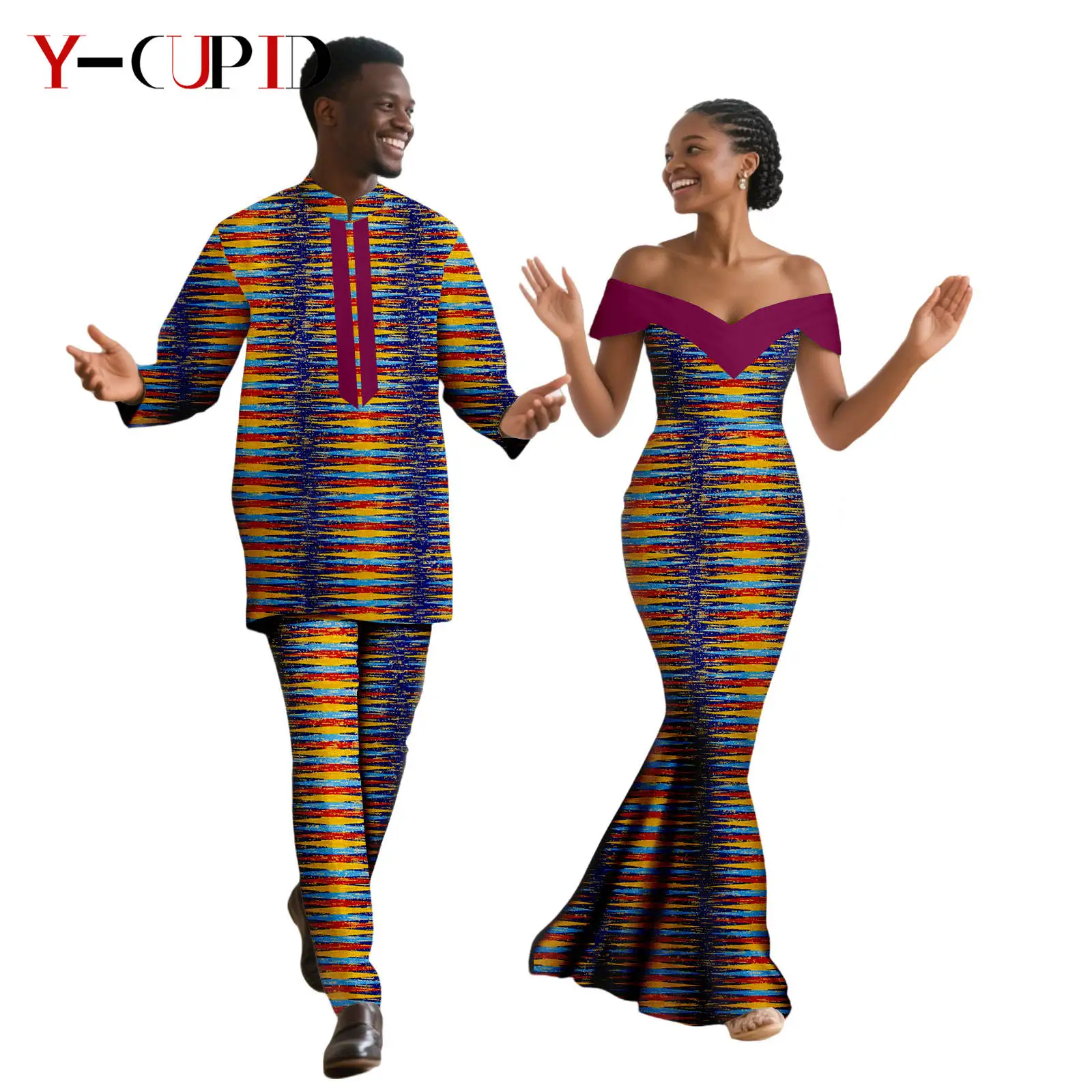 African Print V-neck Long Mermaid Dresses for Women Matching Couple Clothes Men Outfits Dashiki Top and Pant Sets Wedding 25C042