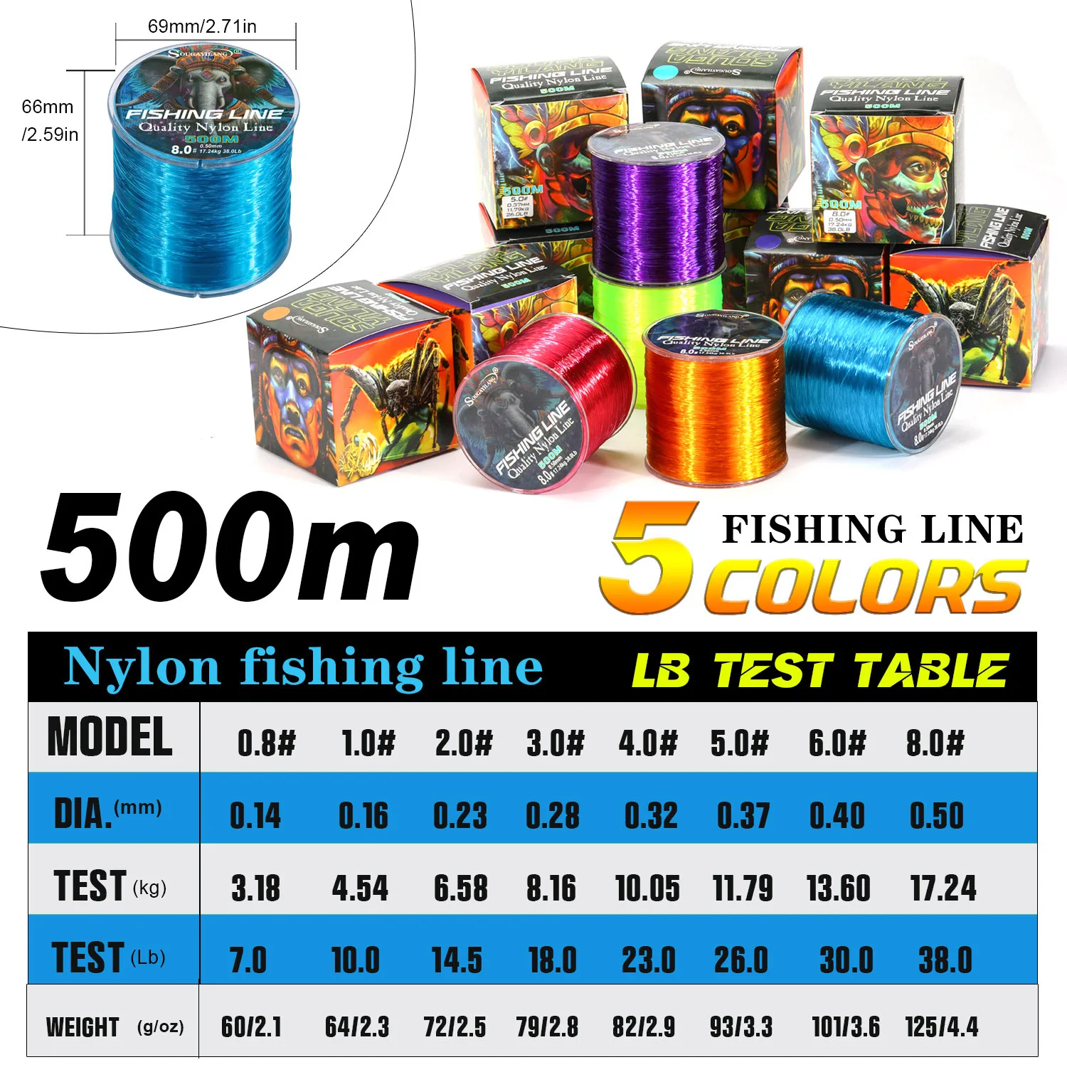 Sougayilang 500m Nylon Fishing Line Monofilament 0.14-0.50mm Max Drag 38LB Superior Material Smooth Line for Seawater Freshwater