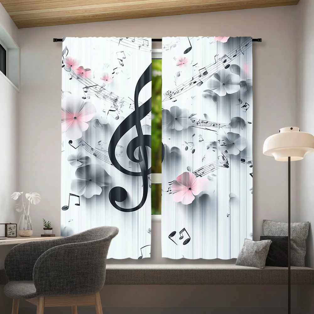 Decorative Floral Musical Treble Clef Curtains sheer window curtain panel for living room bedroom sheet music home décor gift
