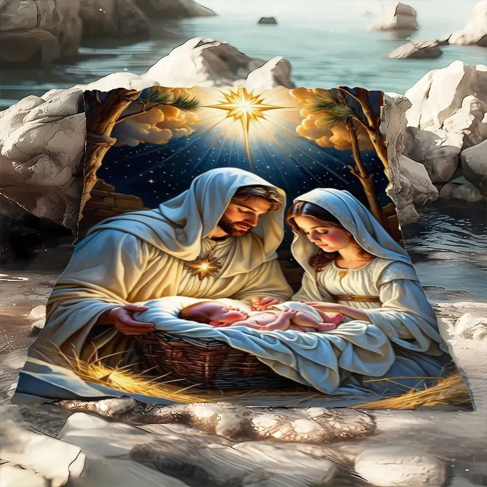 مشهد المهد المقدس مع طفل يسوع في مدير - ديكور عيد الميلاد الريفي الصادق الذي يتميز بجزيف ومريم تحت نجم ساطع