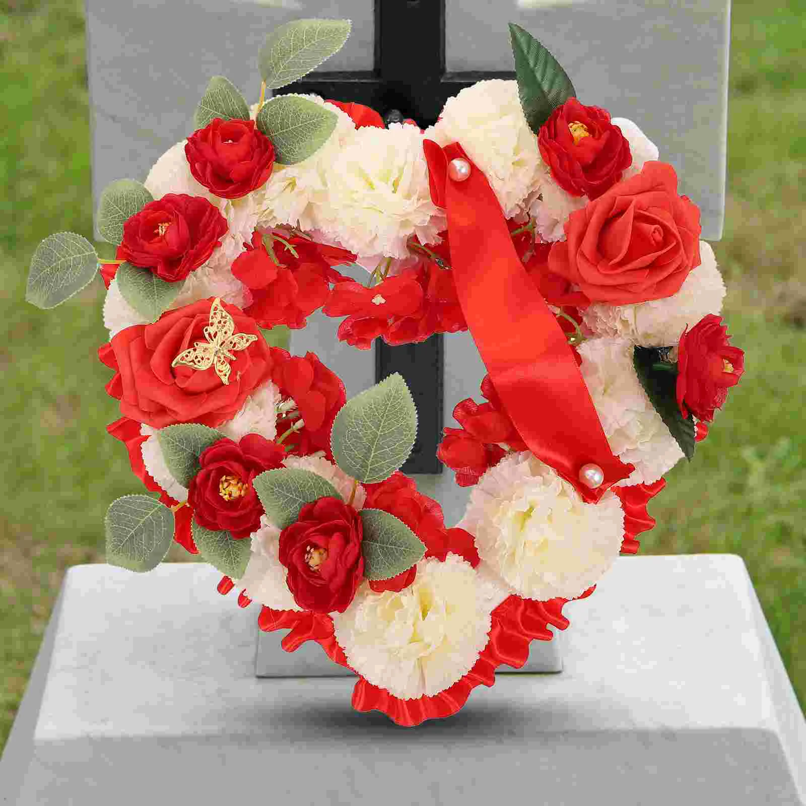 Wreaths Heart Memorial Artificial Garland Graveyard Cemetery Flower Decorate Mourning Red Funeral Fake