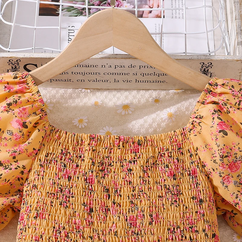 Summer  Dress For 8-12 Years Kids Girls Puffy Sleeves Yellow Floral Skirt Long dress Elegant Princess Birthday Party Daily Dress