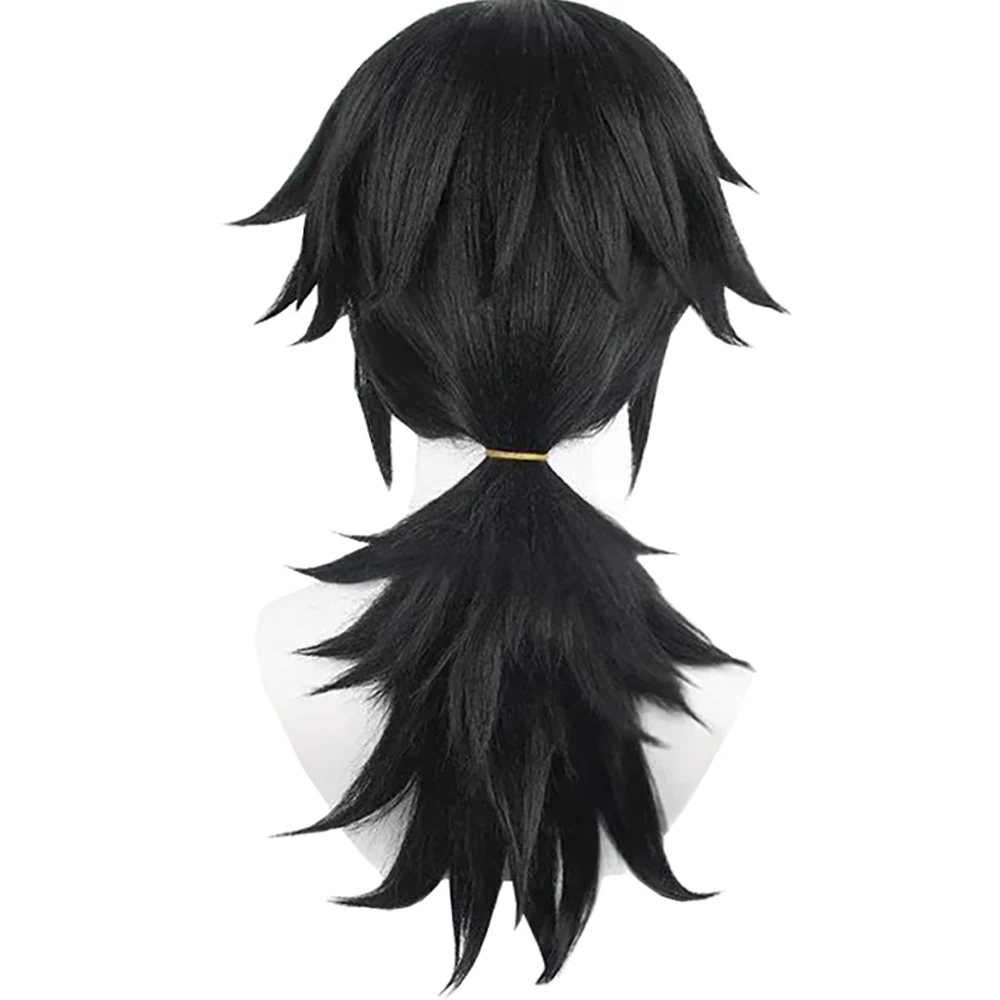 Unisex Tomioka Giyuu Cosplay Wig 65cm Black Spiky Layered Ponytail Heat Resistant Soft Synthetic Hair For Anime Halloween Party