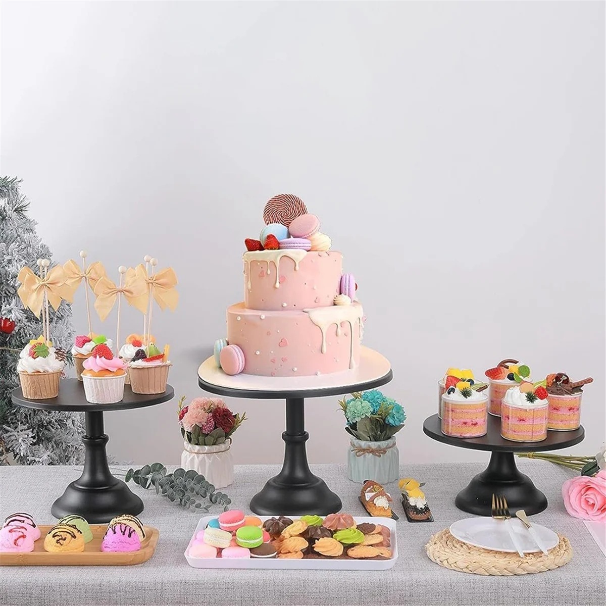 A84E-3Pcs Cake Stand, Cake Pop Stand , Tall Cake Stands for Dessert Table, Perfect Display for Wedding Graduation Party Black