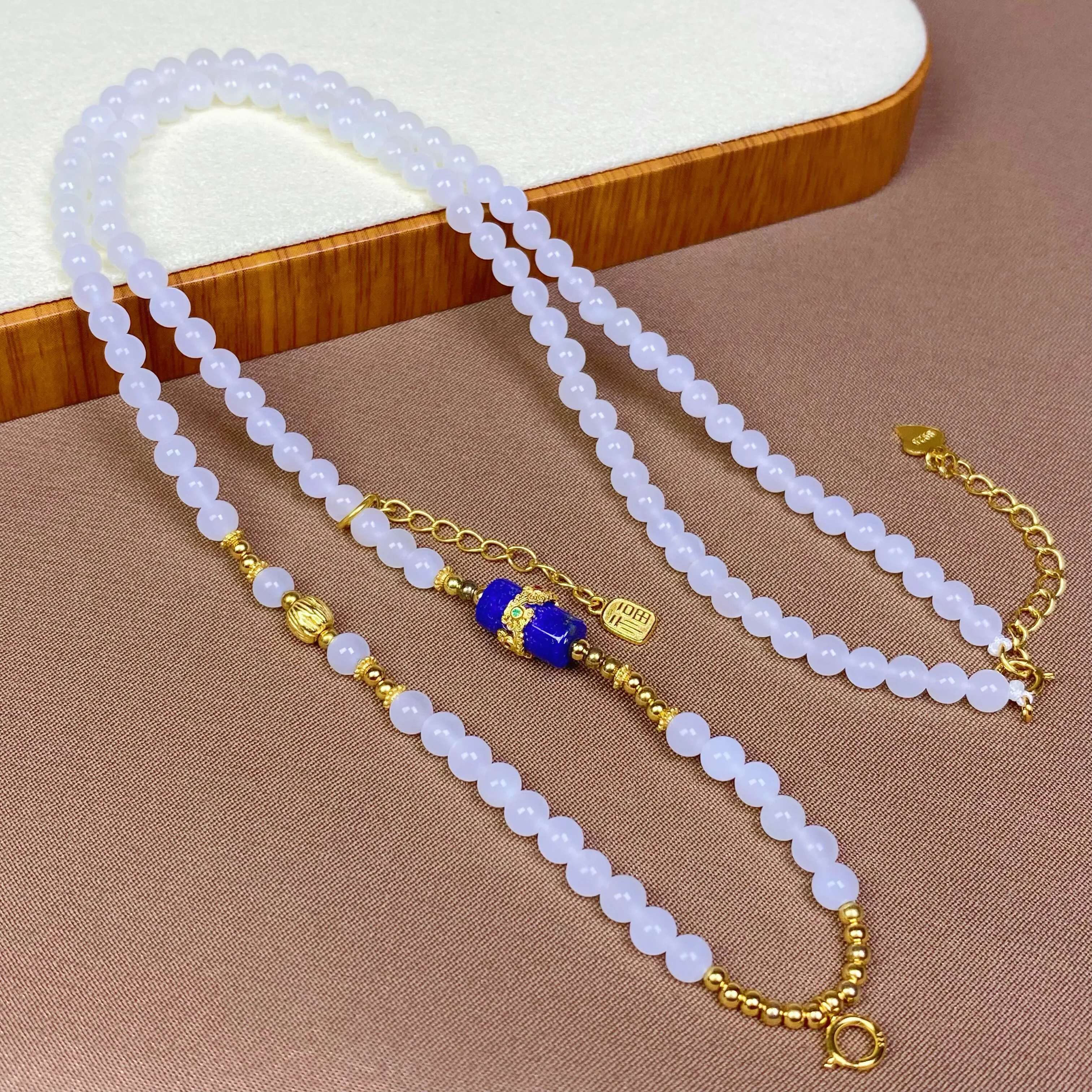 Natural Hetian White Jade Necklace, 4mm Sheep Fat Grade Beads, S925 Silver Multi-Use Clasp Pendant Chain
