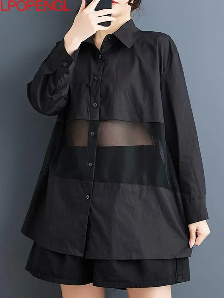 

Korean Mesh Splicing Versatile Fashion Long Sleeves Blouses Women's Spring And Summer Irregular Casual Simple Temperament Top