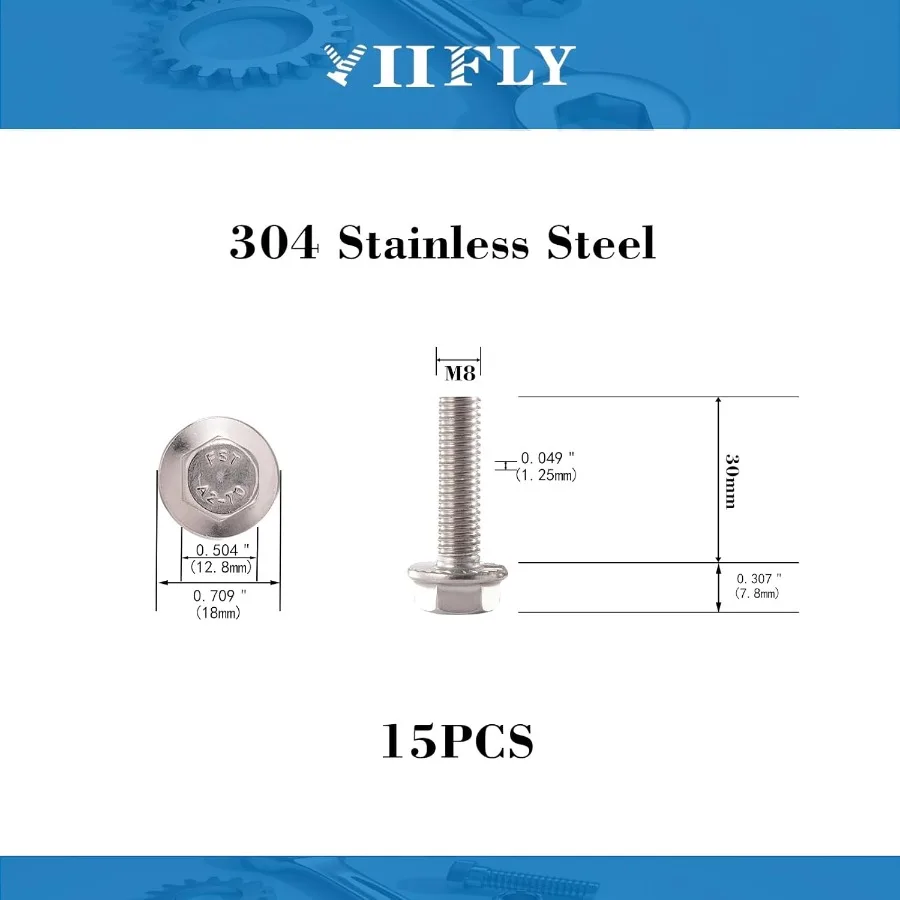 Bulloni esagonali flangiati M8 x 30mm Viti esagonali flangiate Bullone M8x1.25 Acciaio inossidabile 304 A270 Finitura brillante Esagono completamente filettato