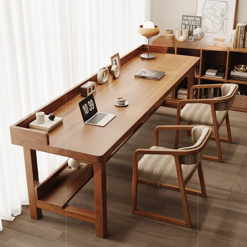 Solid wood strip living room desk sofa back desk log style simple study table office with drawers