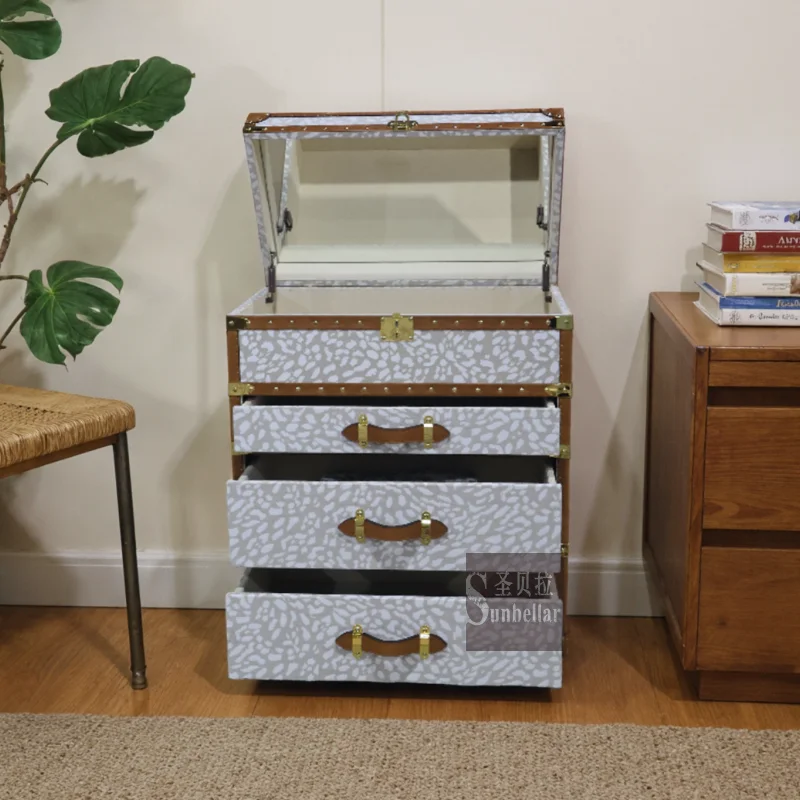 Mirrored Cabinet,Retro Style Leather Storage Dresser Cabinet With Mirror Display Cabinet With Chest Drawers For Ornaments Treasu
