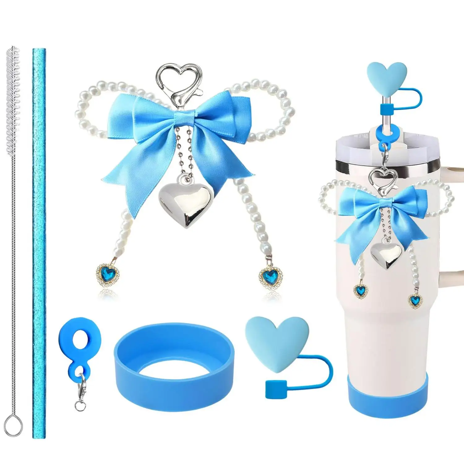 For Stanley Accessory Set - Sweet Faux Pearl Bow Pendant Heart Straw Topper with Brush Sleeve for Straw