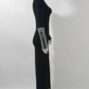Frauen Goraphshion 2024 Schwarze lange Ärmel Diamonds enge sexy splistische Cocktail Party Verband lang Kleid Maxikleider 8 Hauptverkäufe lange Partykleider mit Stein - №8