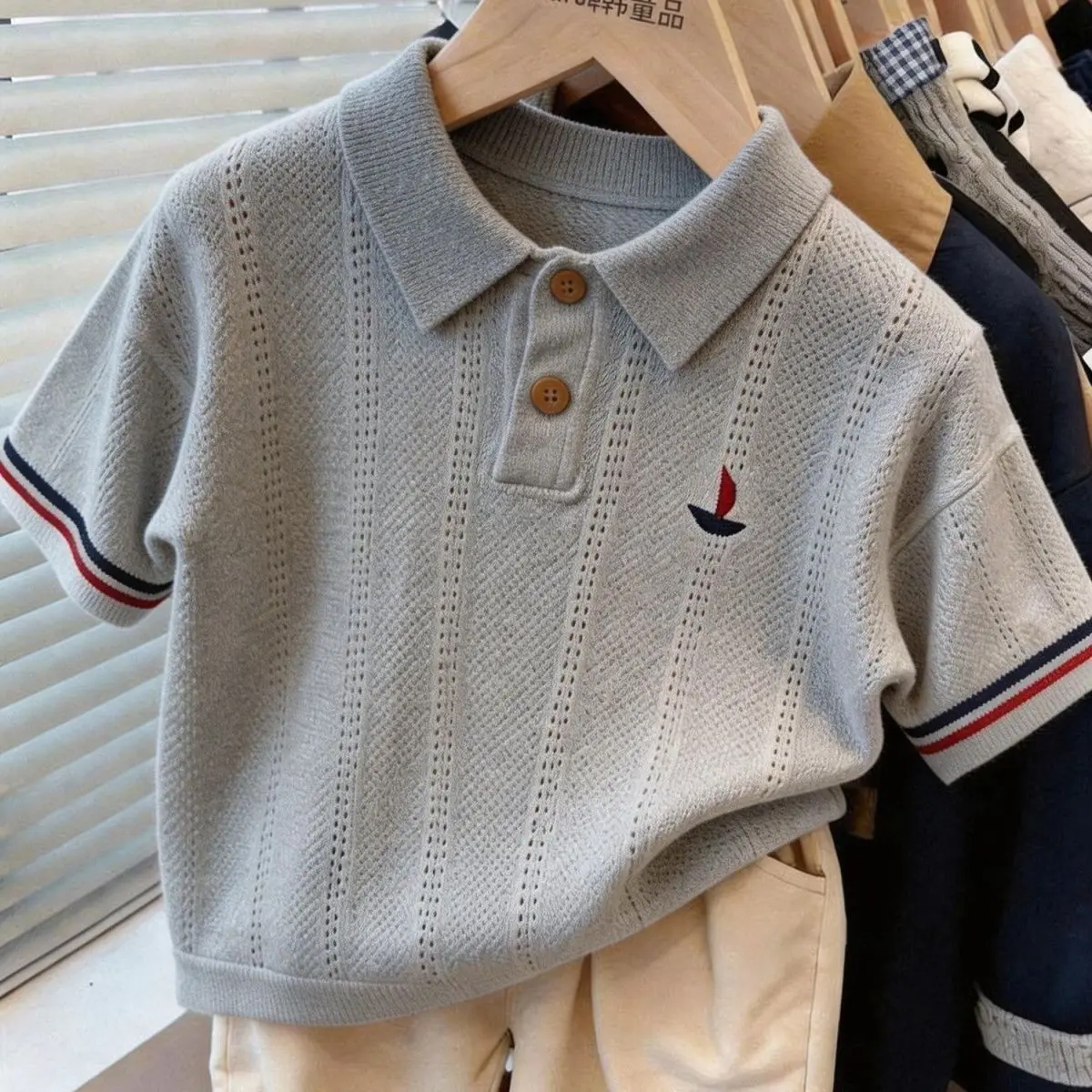 Toddler Boy Summer Polo Breathable Comfortable Openwork Knit Shirt with Sailboat Embroidery Striped Cuff Casual Preppy Style Top