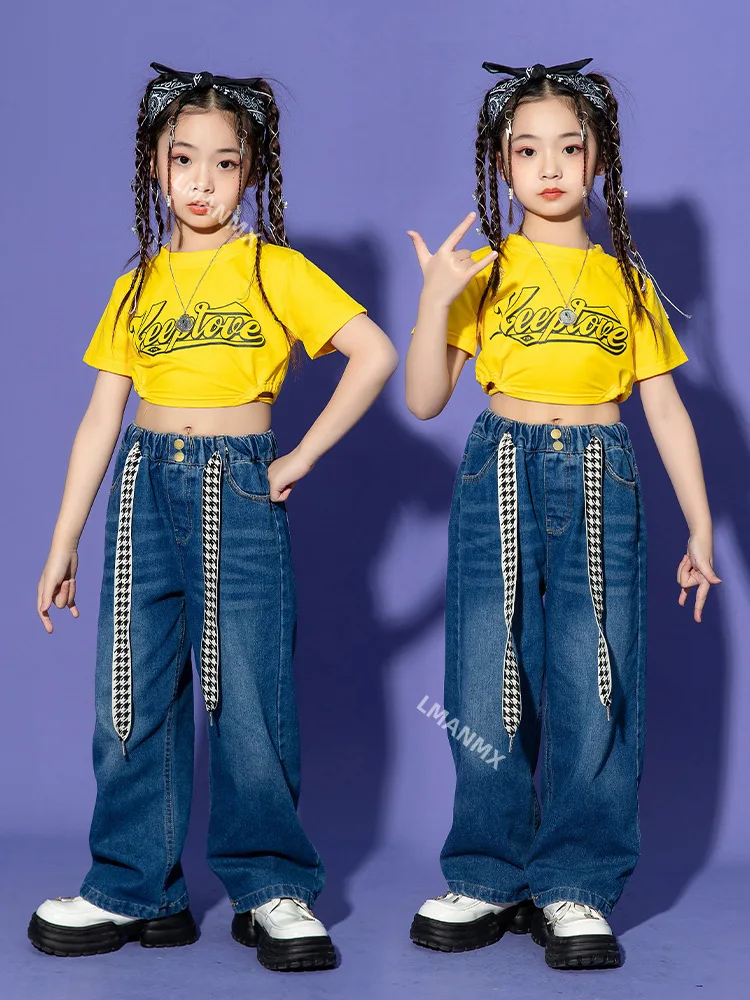 Fashion T Shirt Jeans Denim Pants Children Ballroom Hip Hop Costumes Dancing Clothes Jazz Street Dance Wear Dancewear for Girls