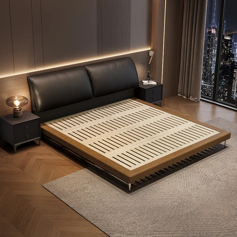 Italian medieval leather master bedroom retro style cowhide bed