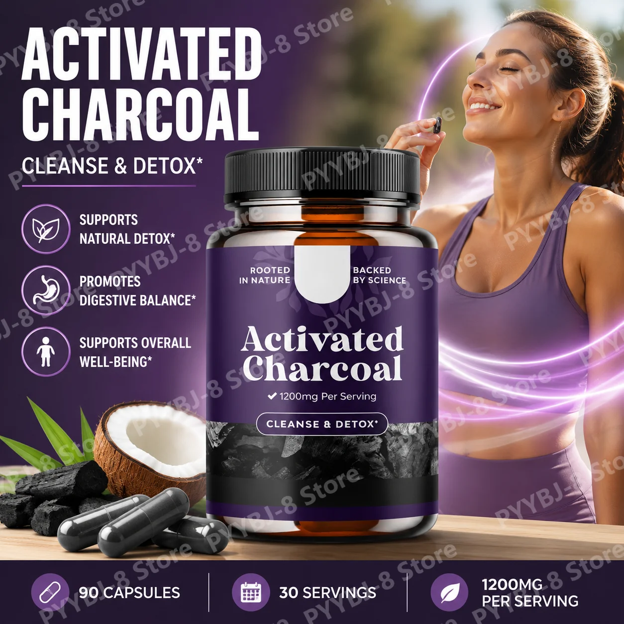 Activated Charcoal Capsule 1200mg From Coconut Shell Support Digestive Health and Assist in Detoxification of The Body 60 Count