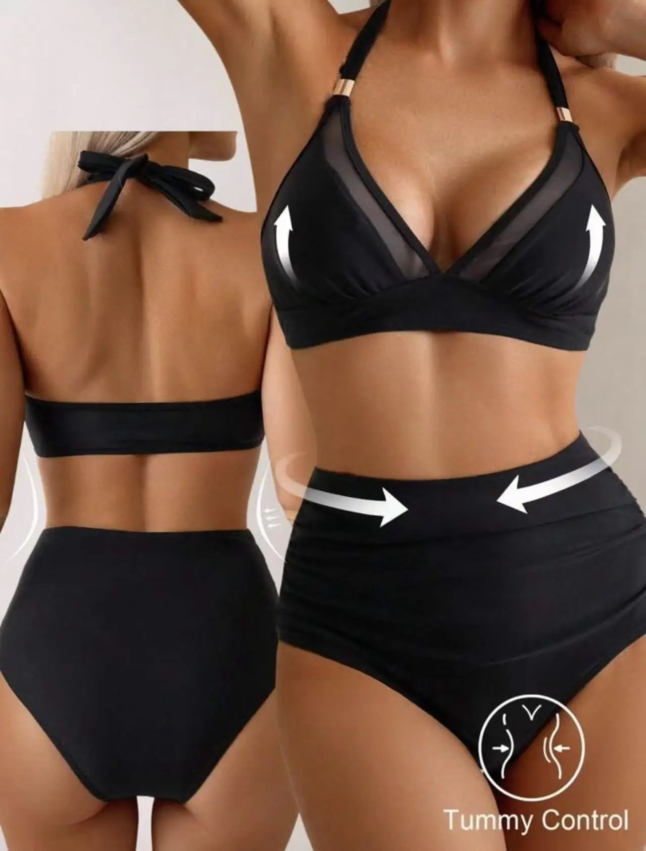 Damski strój kąpielowy bikini z siateczkowymi wstawkami, push-up, wiązany z tyłu, dwuczęściowy, seksowna odzież plażowa, seksowny strój kąpielowy bikini typu halter, 2026