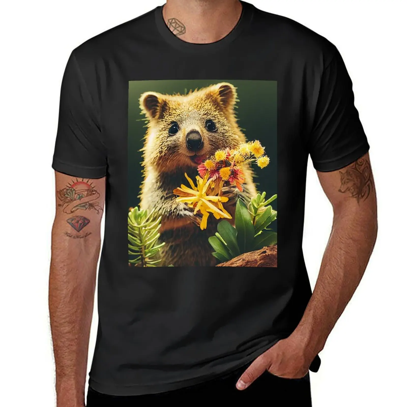 Cute quokka with Australian wild flowers T-Shirt kawaii clothes anime clothes mens clothing