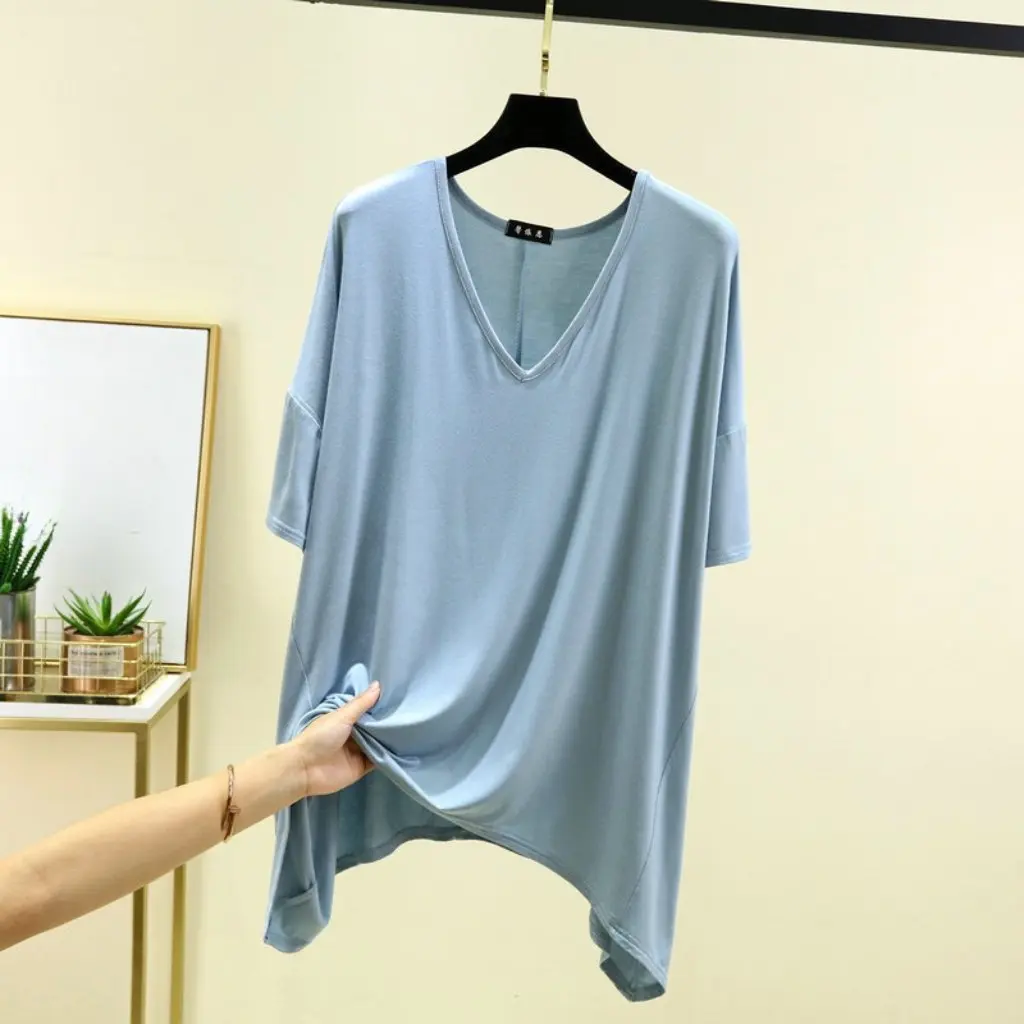 

Loose Fit V-Neck Asymmetrical T-Shirt Three-Quarter Sleeve Thin Modal Summer Top in Large Sizes Pure Color Bottoming Shirt