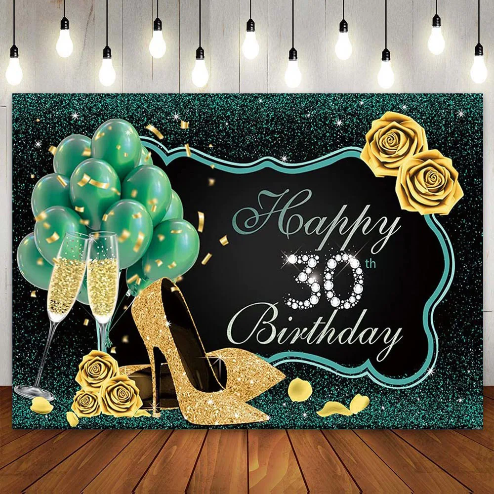 

30th Happy Birthday Backdrop Green Gold Black For Women Party Background Frame High Heels Rose Thirty Bday Banner Photo Booth