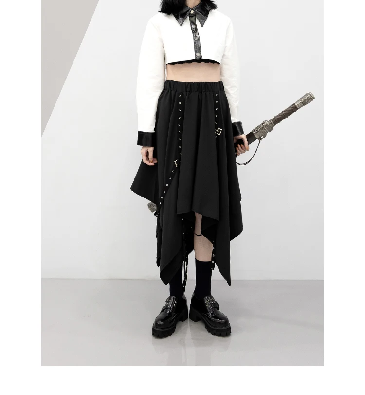 Irregular Skirt Girl's New Dark Tie Street Punk Wind Weave Buckle Medium-length Y2k Gothic Long Skirt