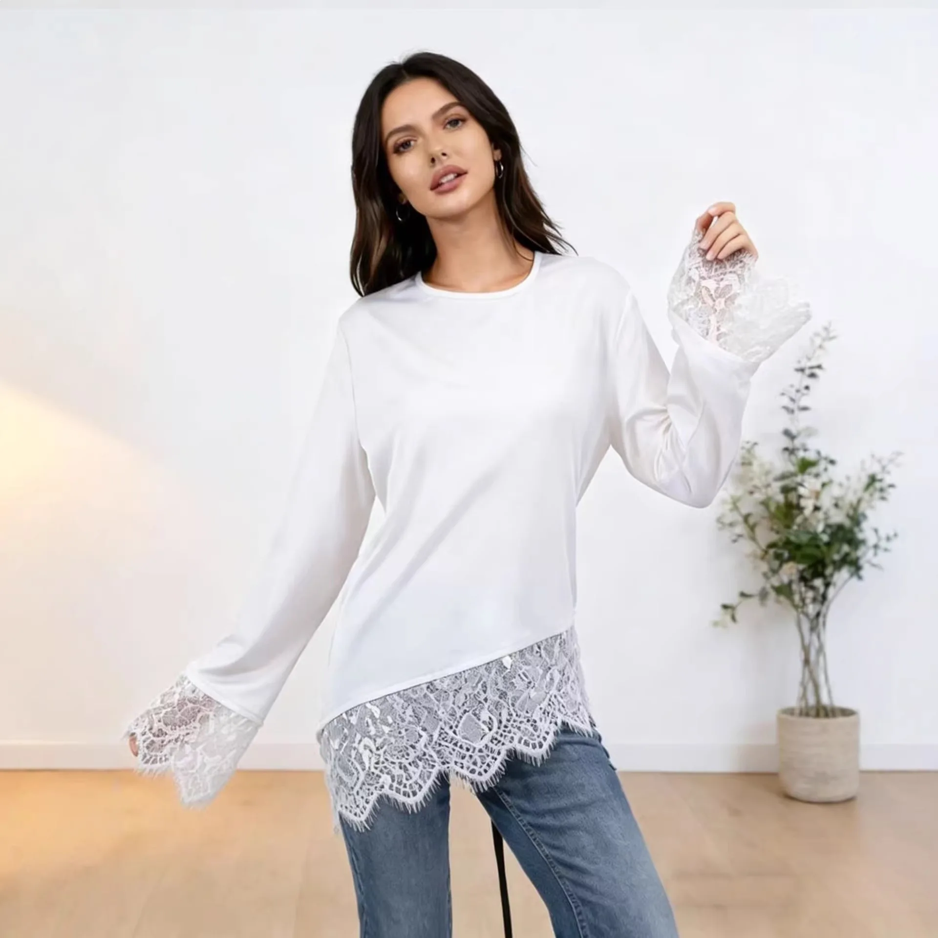 Round Neck Lace Splicing Long Sleeve Irregular Hem Bottoming Shirt Solid Color T-shirt Women's Spring Summer Versatile Pullover