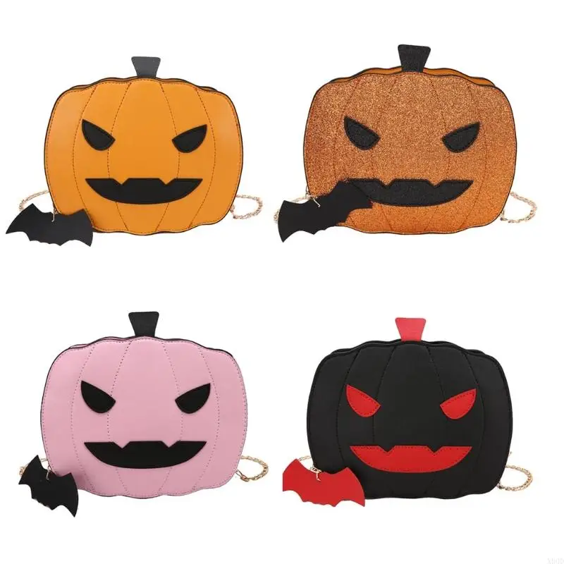 X90D Novelty Clutch Bag PU Leather Pumpkin Shoulder Bags for Women Halloween Crossbody Purses Bat Pendant Devil Bag