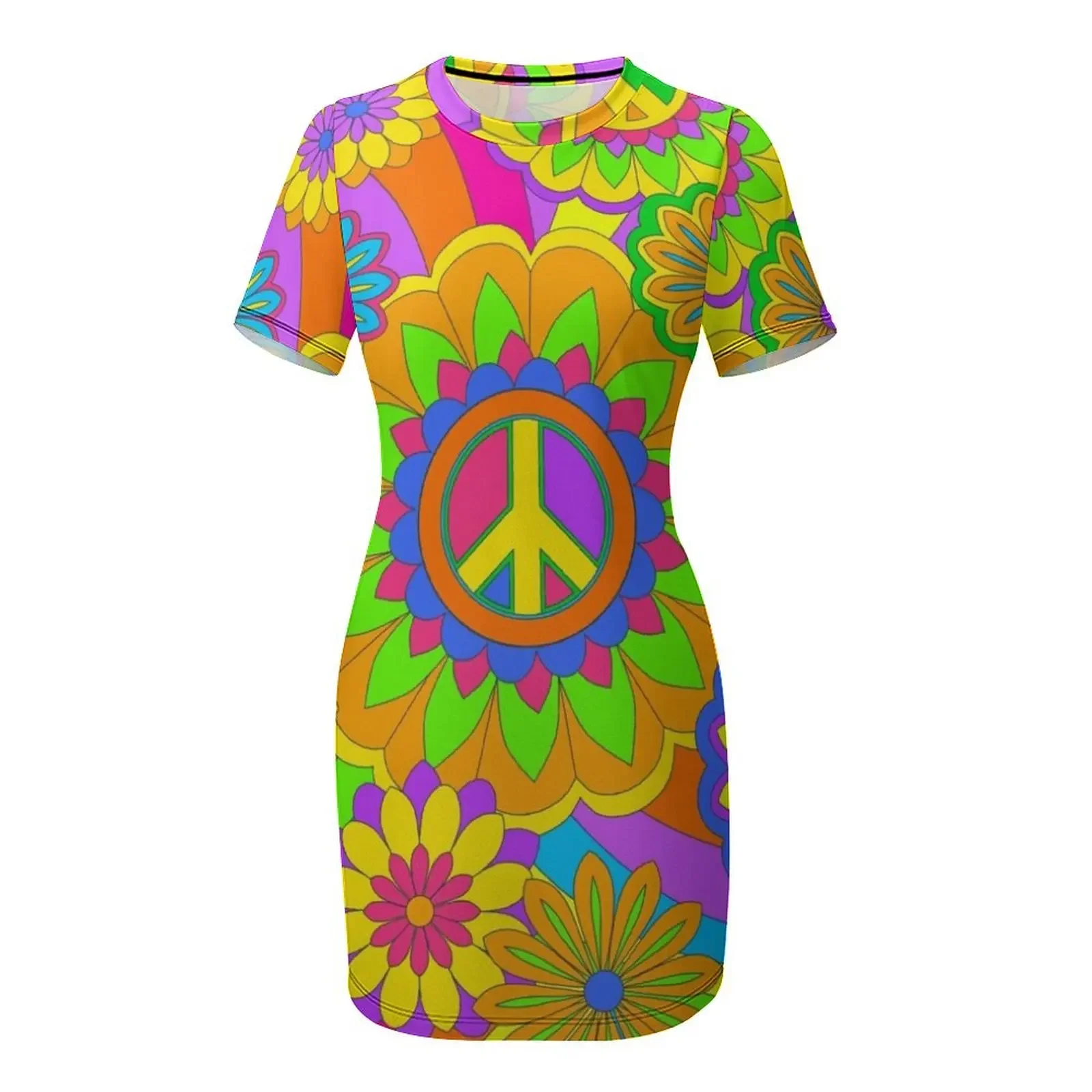 Abito a maniche corte con motivo floreale arcobaleno psichedelico, abito estivo 2025, abiti da ballo per donna, abito lungo da donna