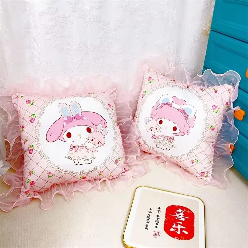 หมอนผ้ากำมะหยี่ลายการ์ตูน Sanrio ทรงสี่เหลี่ยมลายการ์ตูนน่ารักเมโลดี้ของฉันหมอนตุ๊กตาการตกแต่งบ้านของขวัญสำหรับเด็กผู้หญิง