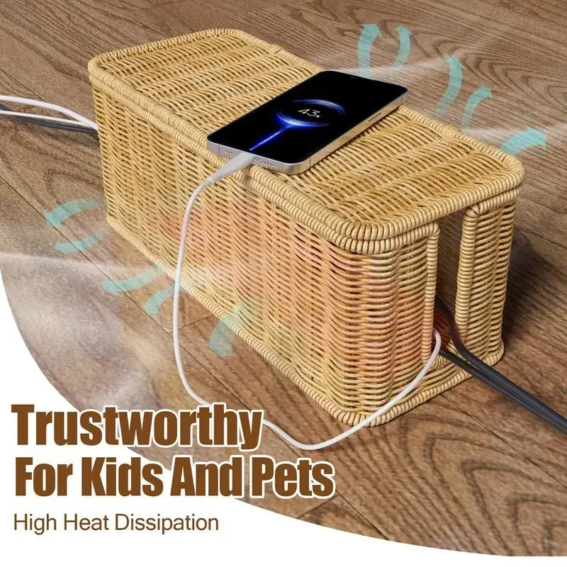 Rattan Cable Organizer Box Cable Organizer Box and Power Strip Box for Electrical Cord Management Desk Cord Hider