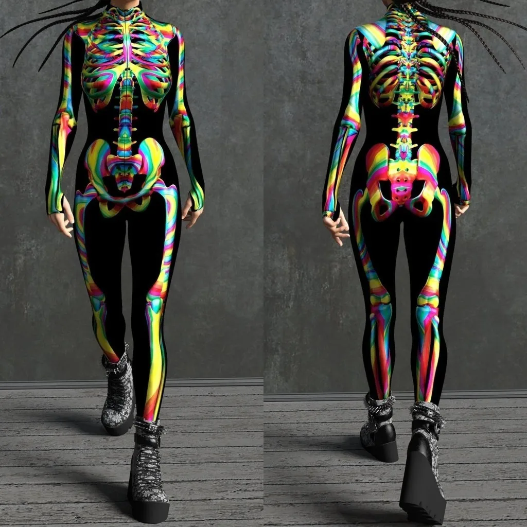 

Unisex Skull Flowers 3D Digital Printing Halloween Party Role Play Outfit Women Men Cosplay Costume Carnival Jumpsuit