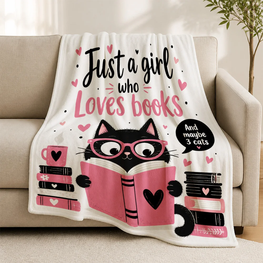 Cozy Throw Blanket for Book Lover Gift Plush Cat Reading Blanket for Girls Cute Literary Decor Home Nap Throw Nap Cushion
